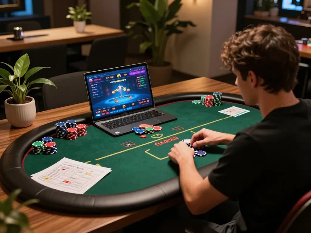 Engaged player enjoying kp88vip online poker session at home with strategy notes and laptop.