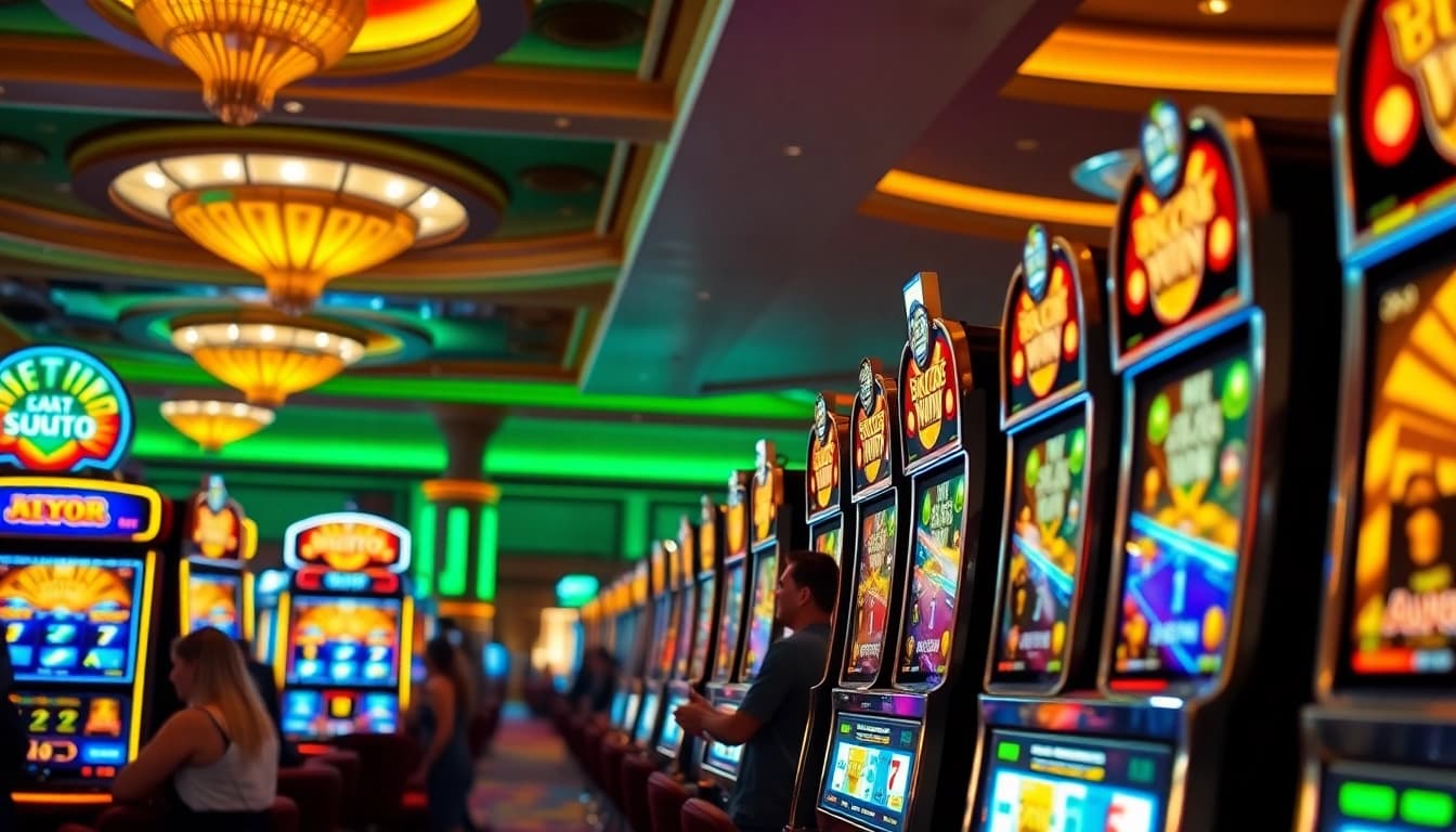 Pemain yang bersemangat menikmati permainan slot gacor di suasana kasino yang mewah.