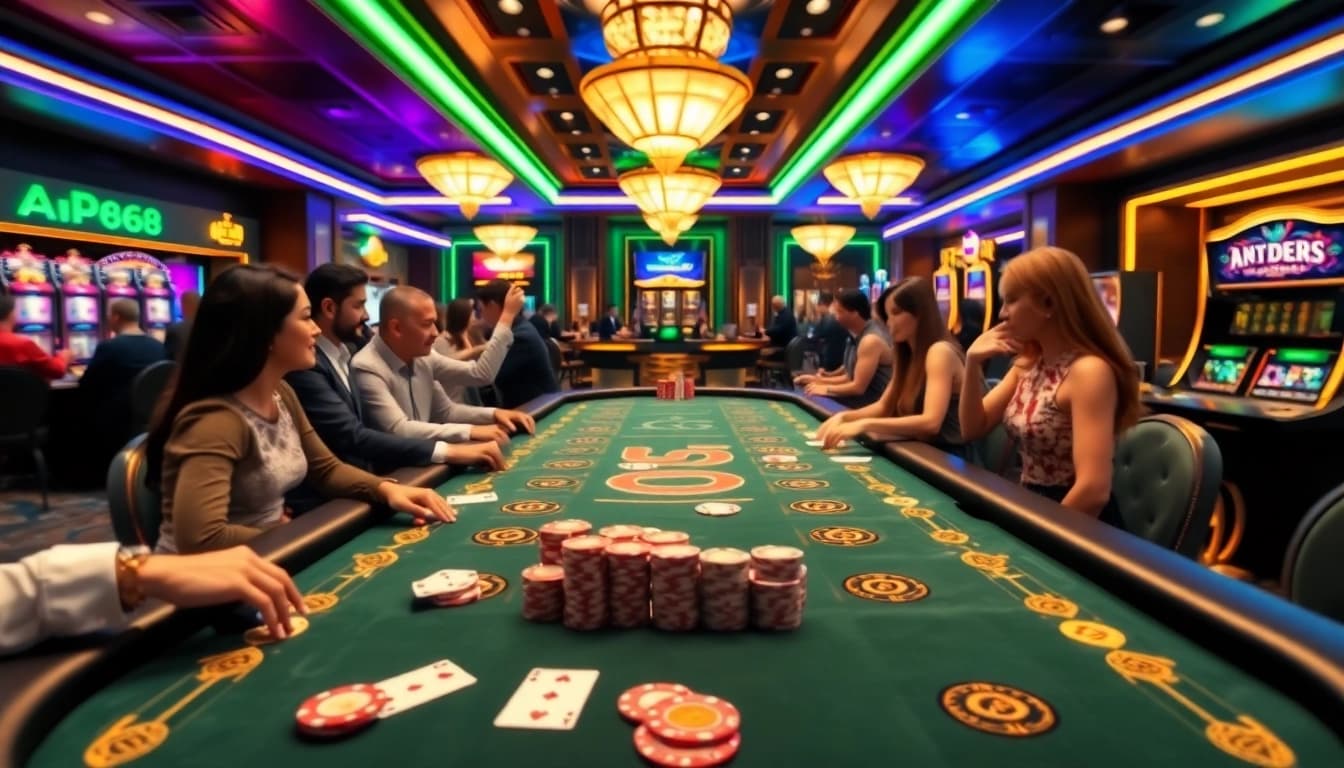 KP88 poker players enjoying a thrilling game in an elegant casino setting with vibrant decor.