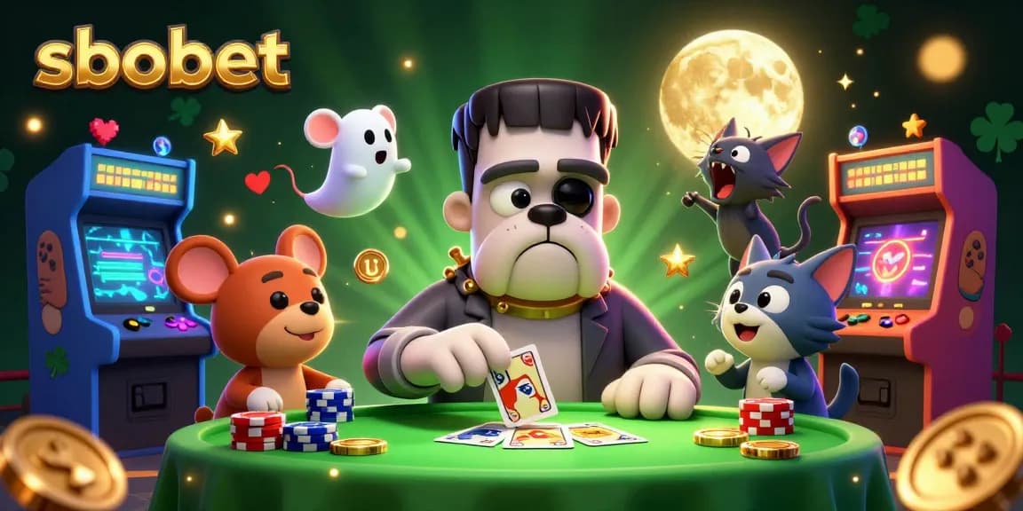 Sbobet lightning fast betting with cartoon characters and a vibrant casino theme.