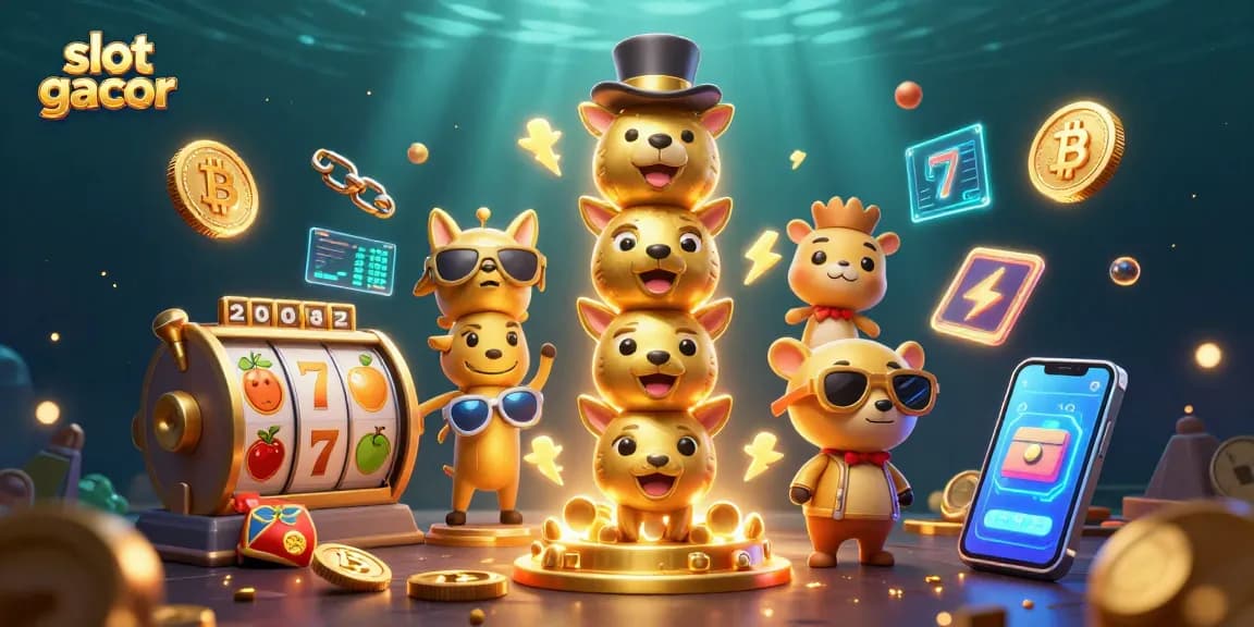 Slot gacor menampilkan strategi menang dengan simbol beruntung dan elemen kasino.
