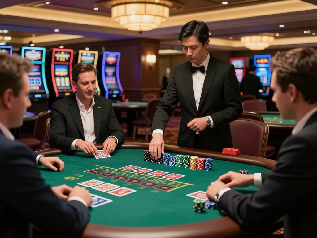 Experience the thrill of Go 88 blackjack gameplay as players wager strategically at an upscale casino.