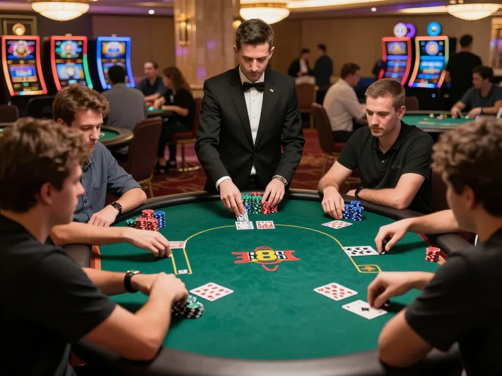Engaging poker game scene at a casino showcasing strategic play and excitement at 388bet.