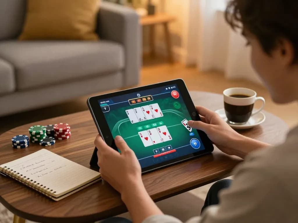 Player placing bets using link vào on an online poker tablet in a cozy living room setting.