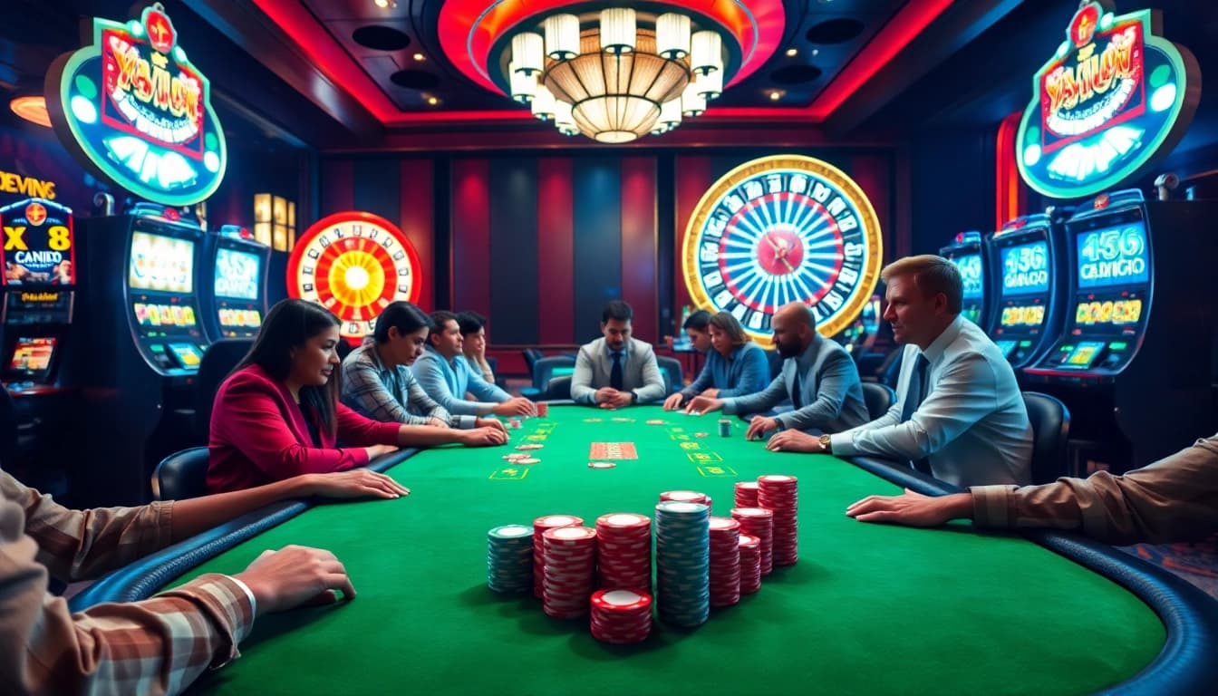 Players enjoying intense poker action at Xin 88 casino, highlighting vibrant chips and tables.