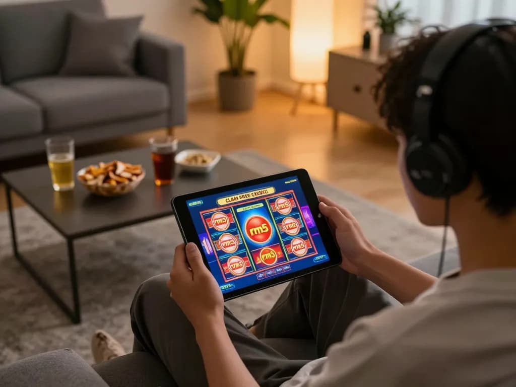 Pemain duduk di sofa untuk menuntut kredit percuma rm5 dengan permainan slot yang ceria dipaparkan di tablet