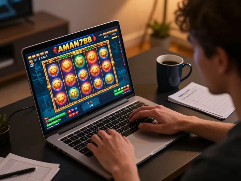 Seorang pemain berinteraksi dengan permainan slot AMAN788 di laptopnya selama sesi bermain di rumah yang fokus.