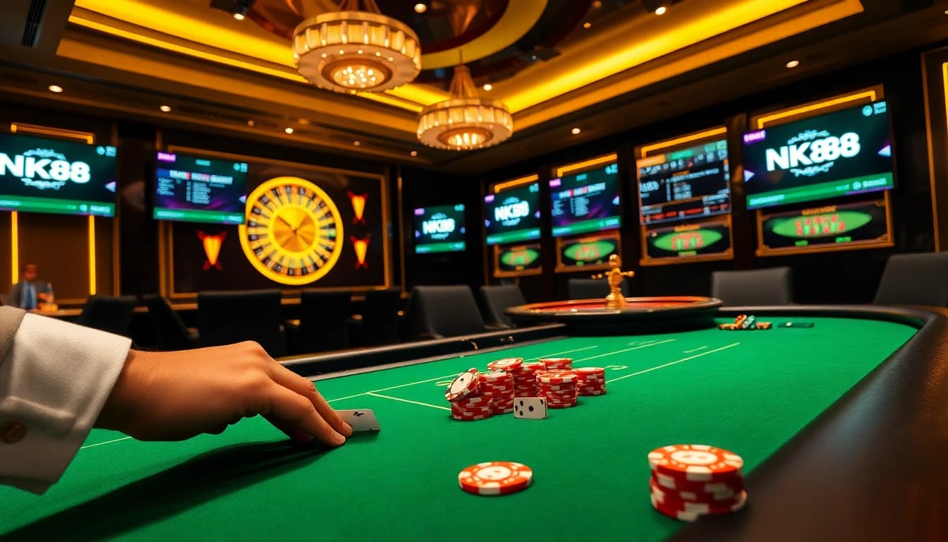 Professional gambler placing bets at NK88 top poker table with vibrant chips and live roulette