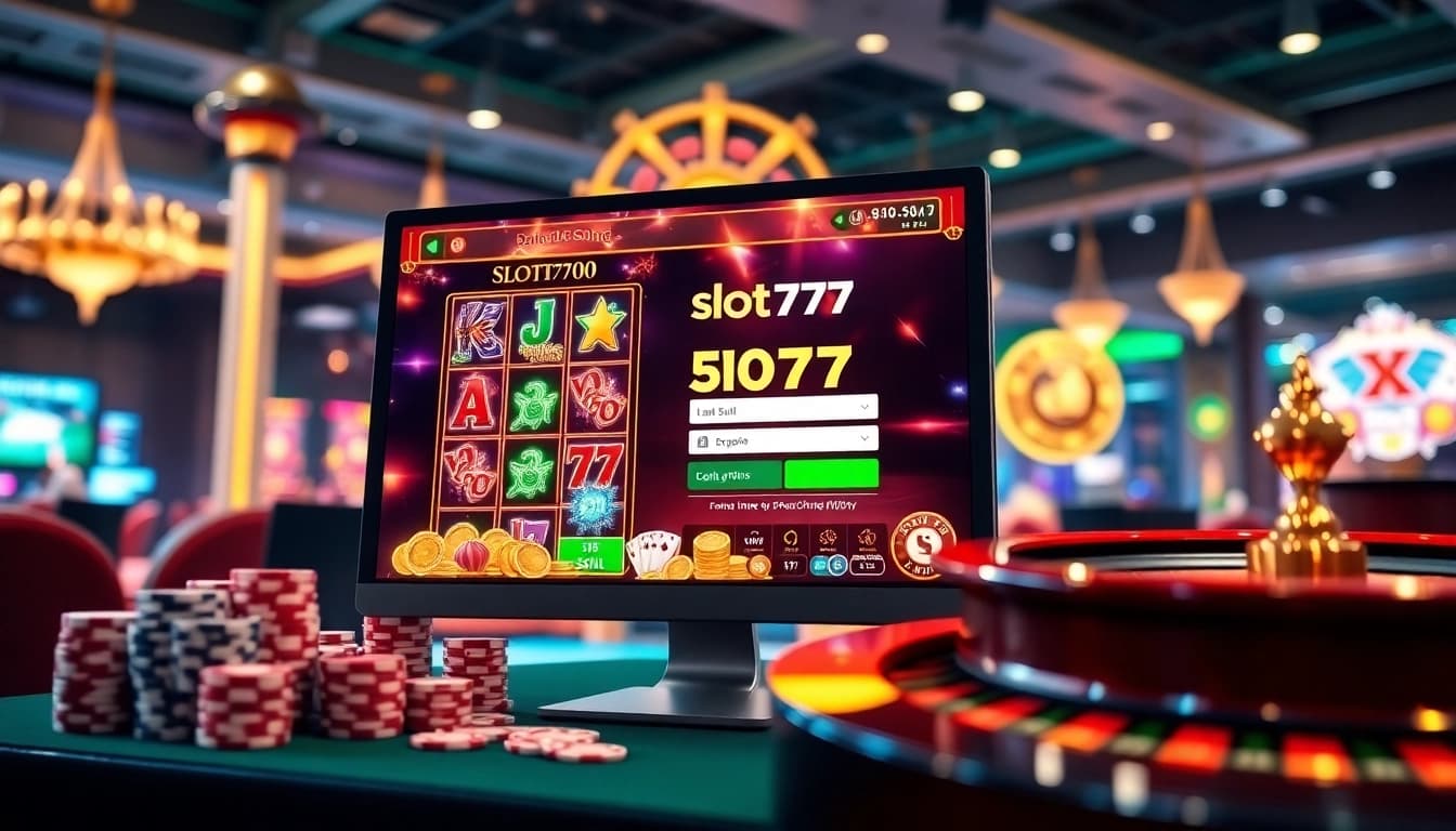 Engaging slot777 login interface with vibrant casino elements, showcasing excitement in online gaming.
