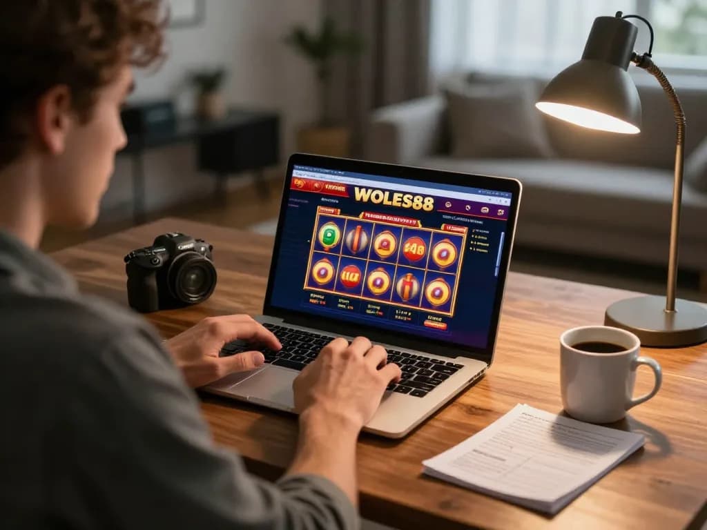 Permainan kasino online WOLES88 dengan slot yang berputar dan pemain yang fokus menikmati pengaturan rumah yang nyaman.