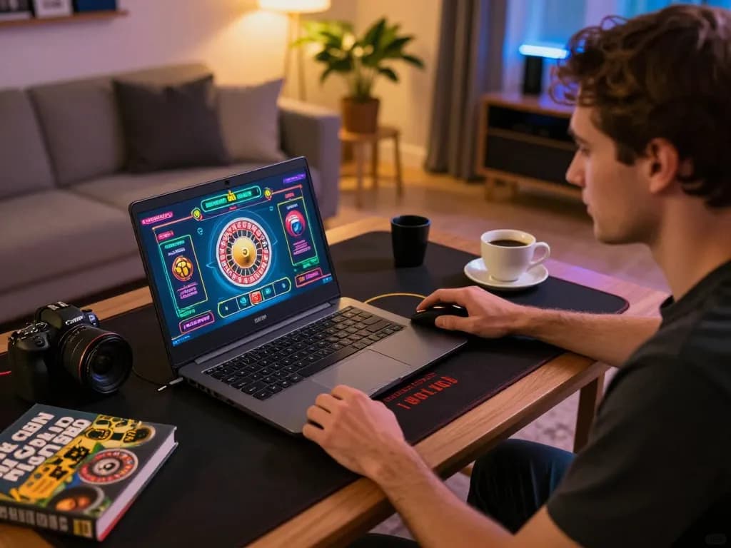 Player enjoying live roulette on F8BET gaming interface in a cozy home setting.