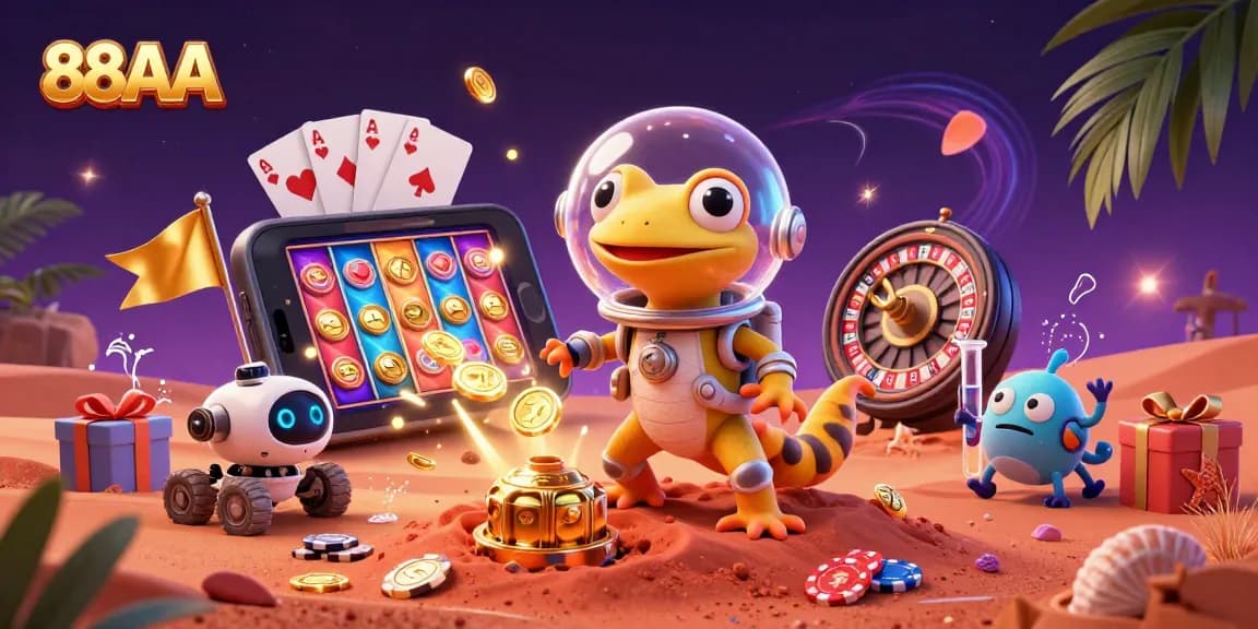 88AA showcases a Martian gecko exploring a golden casino, surrounded by dynamic gaming elements.