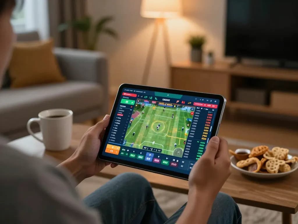 Bsport user engaging with sports betting app on tablet in a cozy home setting.