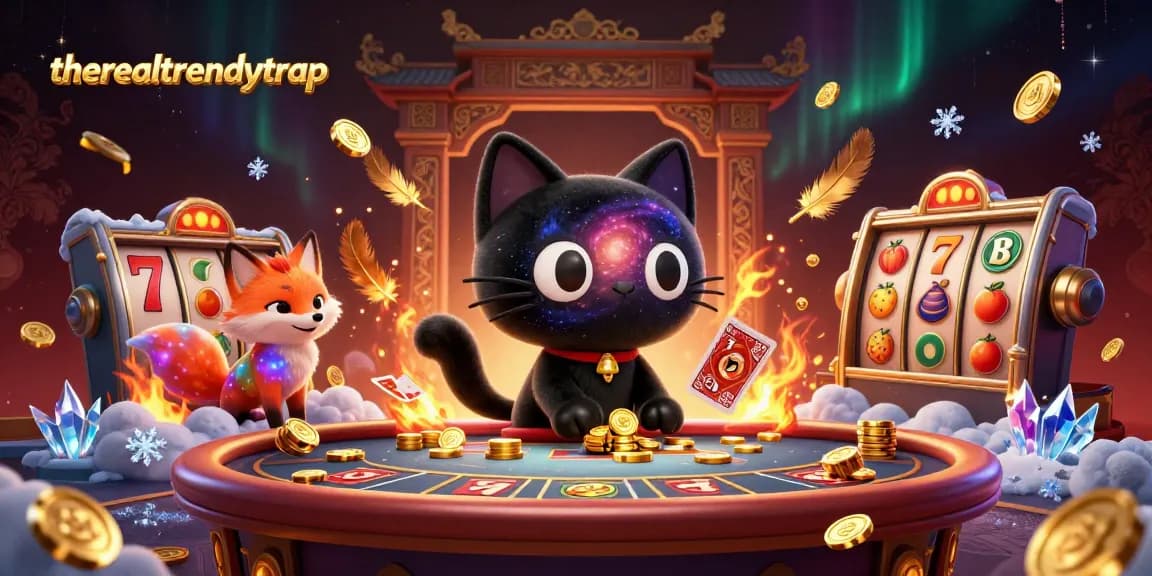 Permainan slot online di therealtrendytrap menampilkan kucing hitam galaksi yang menarik chip emas dan kartu.