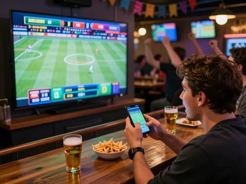 F8BET sports betting excitement with patrons cheering in a vibrant sports bar.