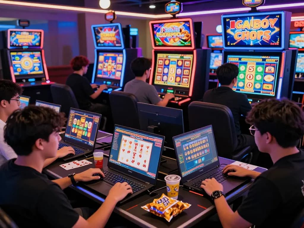Engaging online gambling scene with players focused on link gacor slots in vibrant digital casino atmosphere.