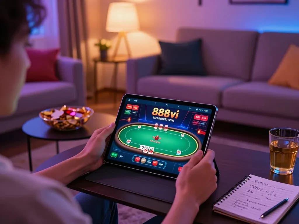 Play poker on the 888vi app in a cozy home setting for exciting gaming action.