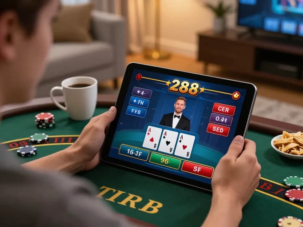 Player enjoying a live dealer blackjack game on tablet with to288 interface for online gambling