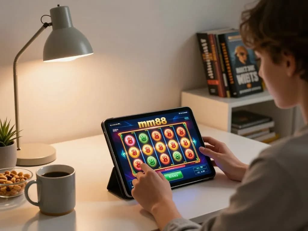 Player engaging in mm88 slots on a tablet in a cozy home environment, showcasing interactive gaming.