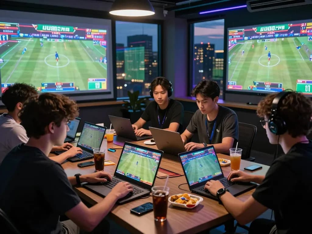Friends enjoying a sports betting session on UU88.COM with laptops and lively graphics.