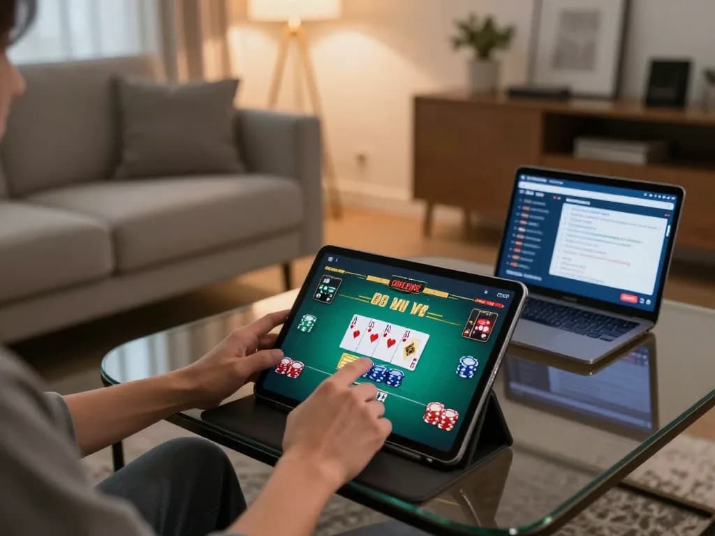 Engage with poker gameplay at https://tairikvip.co using a tablet in a cozy setting.