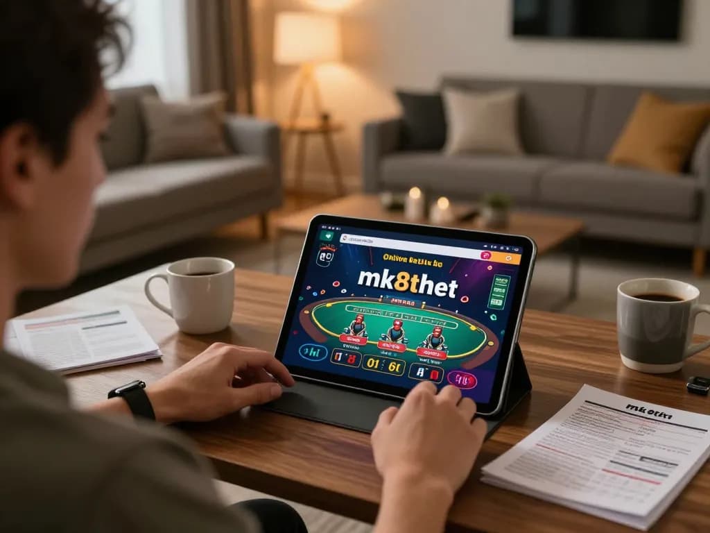 Person placing bets on mk8th.net through tablet in a cozy home setting