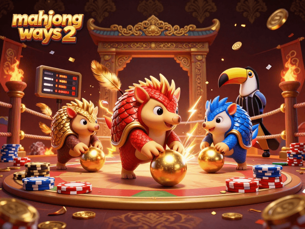 Engage with mahjong ways 2 in this vibrant scene showcasing rival pangolins competing amidst poker chips and golden scales.