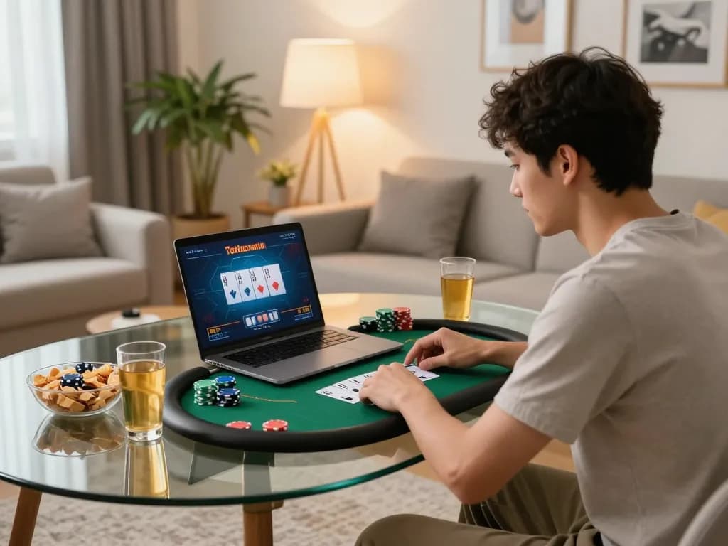 Engaging in online poker at home on taixiusunwin.art with snacks and drinks in a cozy setting.