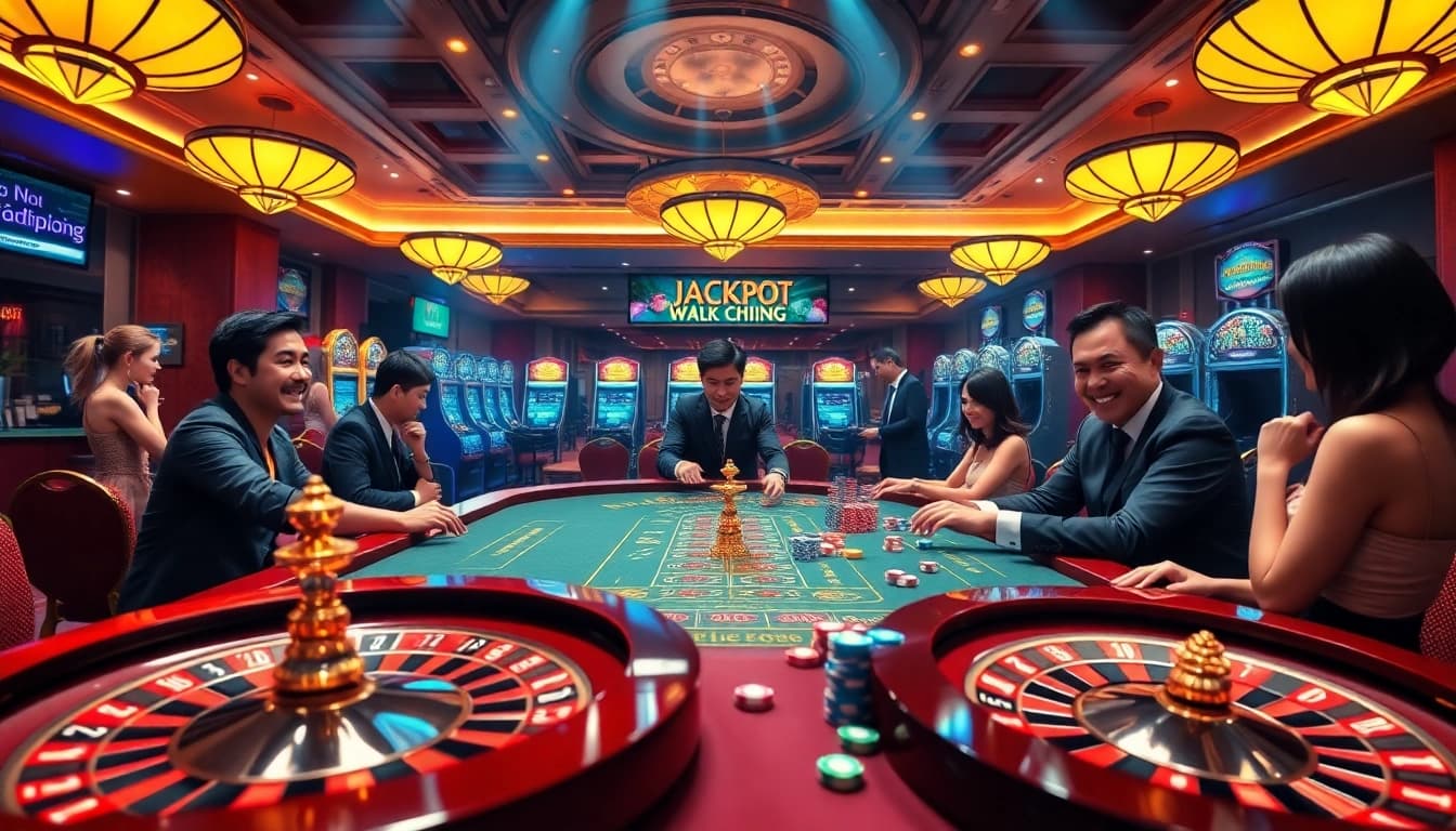 Nổ Hũ Đổi Thưởng with dynamic slot machines and roulette wheels in a luxurious casino setting.