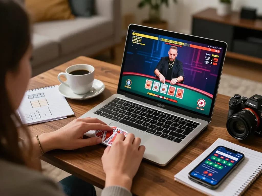 Player betting on nk88 baccarat game on laptop, enjoying strategic home gaming experience.