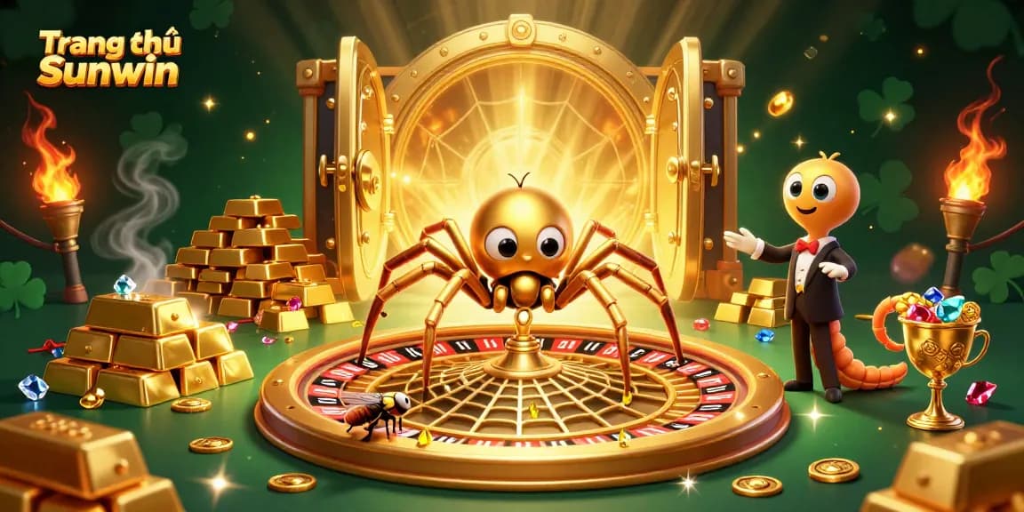 Experience the excitement at Trang chủ Sunwin with a dynamic scene featuring a spider, a fly, and a croupier in a gambling atmosphere.