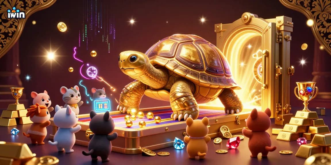 Experience excitement at iwin casino with a massive golden tortoise pinball machine, gleaming treasures, and playful animals.