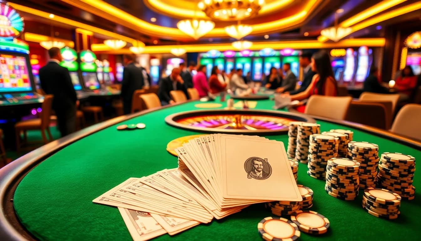 Exciting players enjoying a luxurious gaming experience at De bet's casino with poker tables and slot machines.