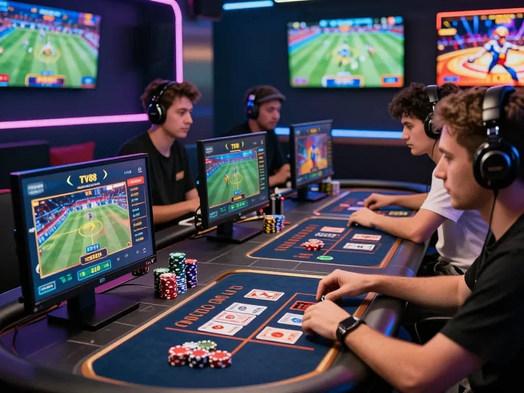 Players engaging with the TV88 net gambling platform in a vibrant, immersive digital environment.