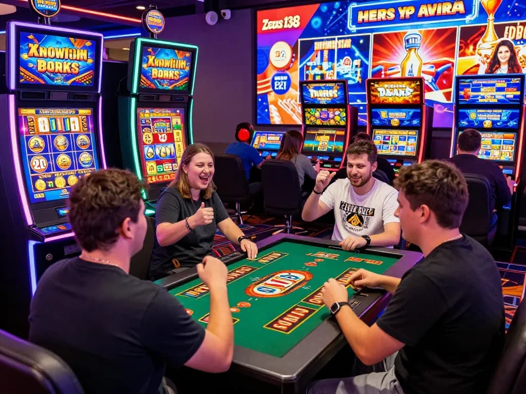 Zeus138 gaming environment showcasing players enjoying various popular slot machines with vibrant visuals and joyful expressions, reflecting community gaming in 2026.