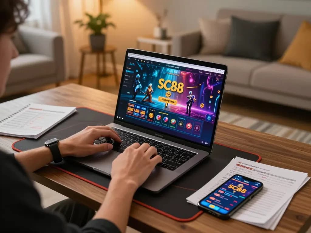 Player enjoying SC88 online casino gaming session with a laptop, showcasing dynamic betting options and strategy notes.