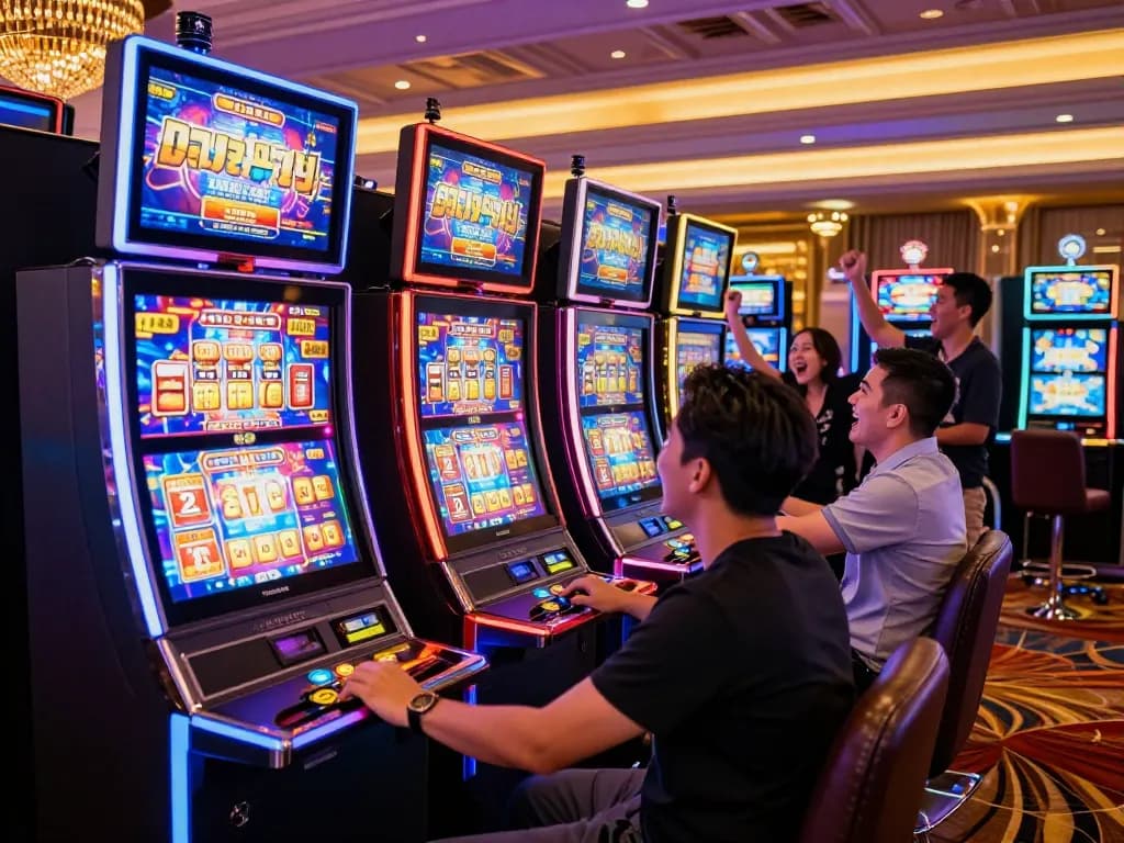 Pemain menikmati mesin slot aman788 yang penuh warna dengan perayaan ceria dan dekorasi yang kaya