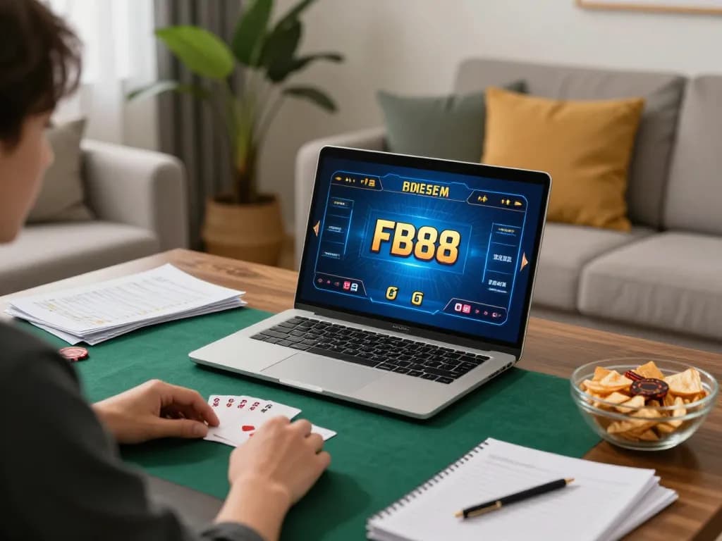 Engaged player enjoying an FB88 poker game on a laptop in a cozy home setting