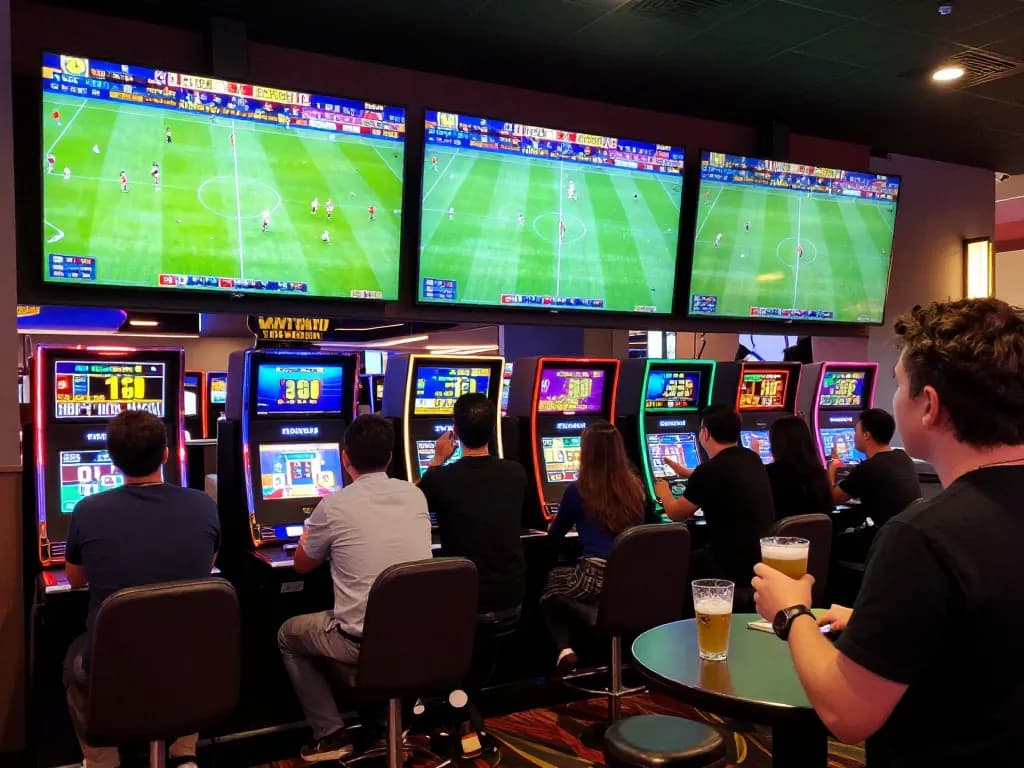 Fans celebrating while placing bets on kèo nhà cái hôm nay in a lively sports betting lounge