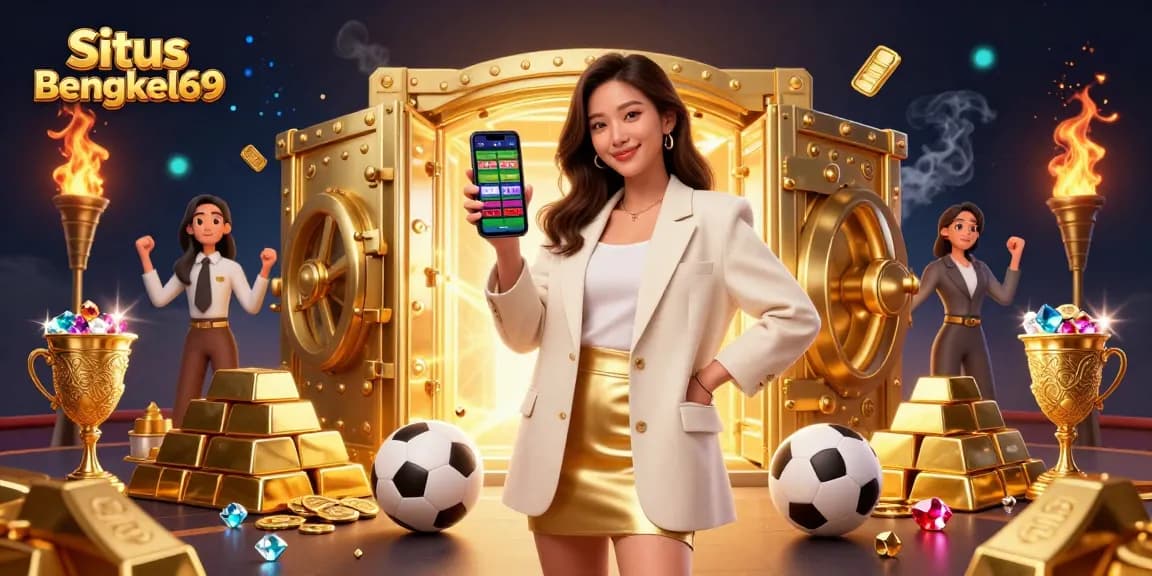 Situs Bengkel69 offers a vibrant online slot gaming experience captured in a dynamic illustration with sports betting elements.