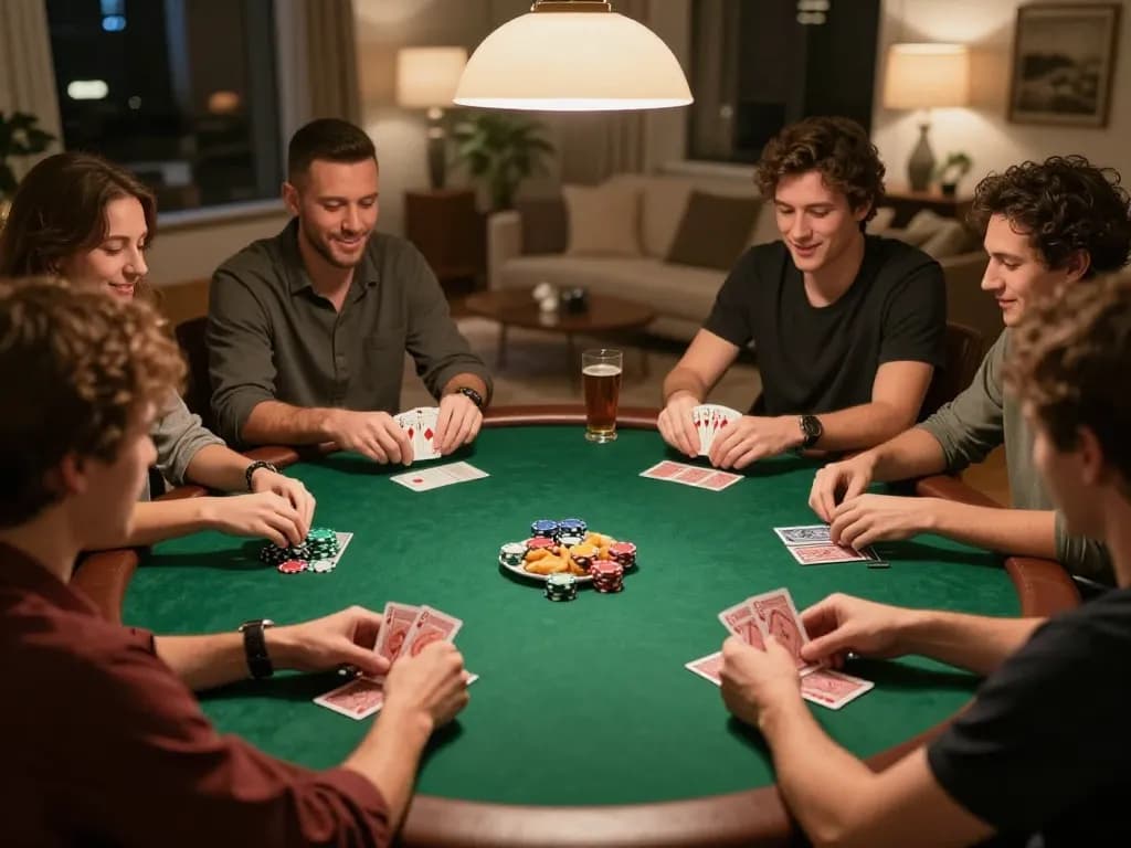 Friends enjoying a lively poker game at home with 88xx atmosphere of social play and strategy