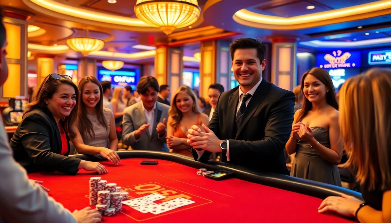 Players enjoying an exciting game at the OKFUN poker table in a luxurious casino setting.