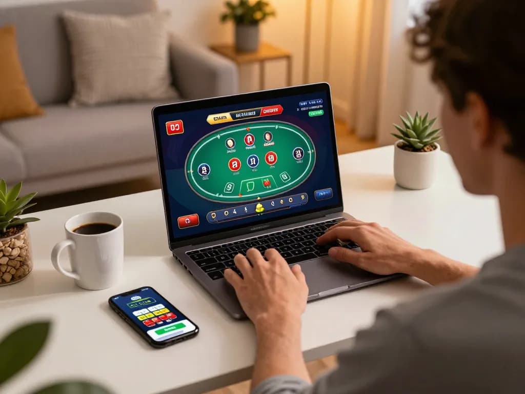 Engaging in online casino gaming at home with sun win app on laptop, showcasing responsible gaming.