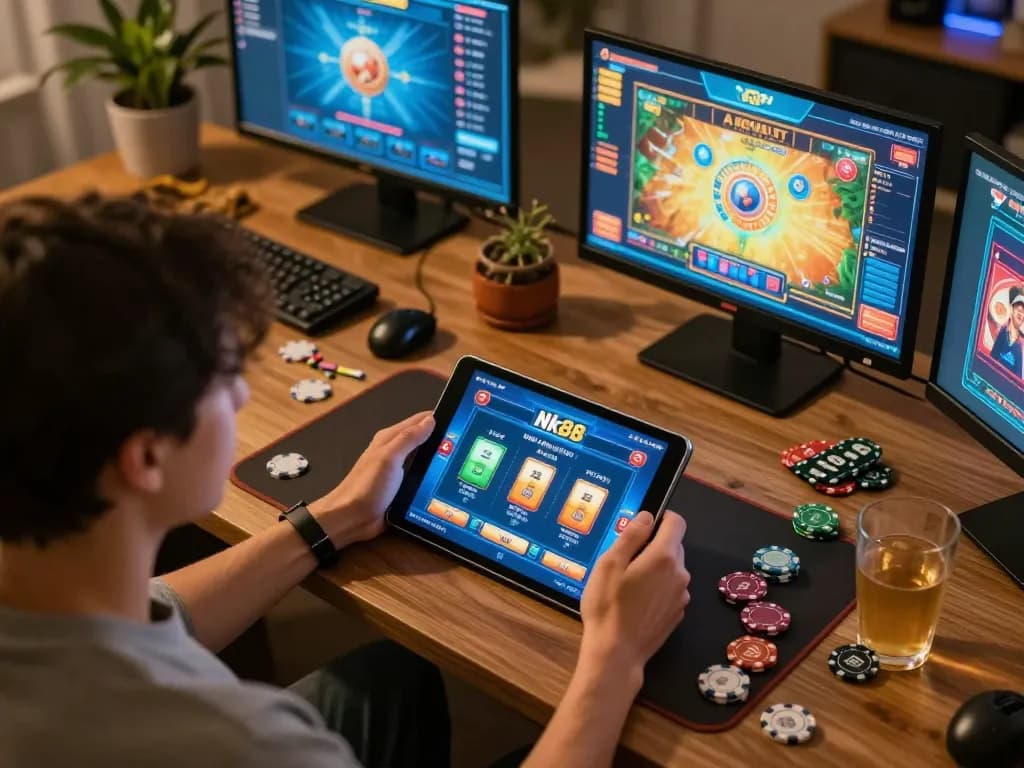 Engaged player celebrating Nk88 win while enjoying online casino games on tablet in a cozy environment