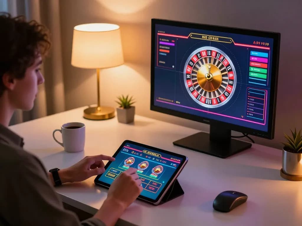 A person playing live dealer games on a tablet at nhà cái kuwin, emphasizing strategic online gaming.