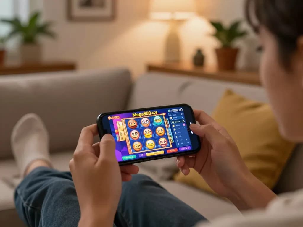 iipa players enjoying Mega888 mobile gaming in a cozy home setting, showcasing joyful gameplay