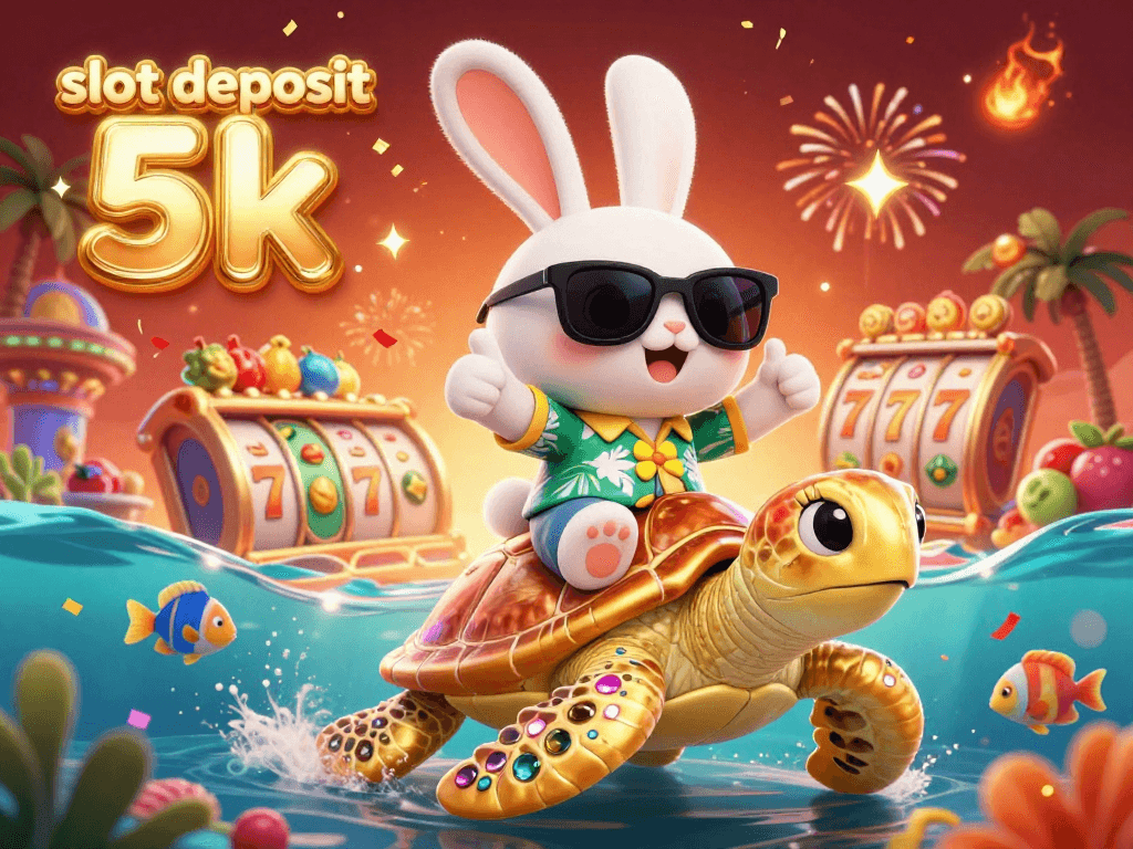 Engaging casino illustration featuring slot deposit 5k with a lucky rabbit and golden sea turtle amidst festive elements.