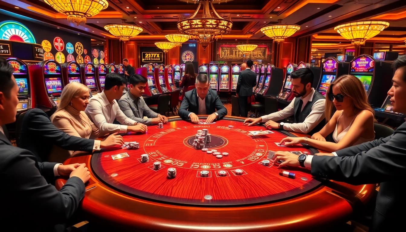 Players enjoying an exciting game at Rik vip's professional poker table in a luxurious casino setting.