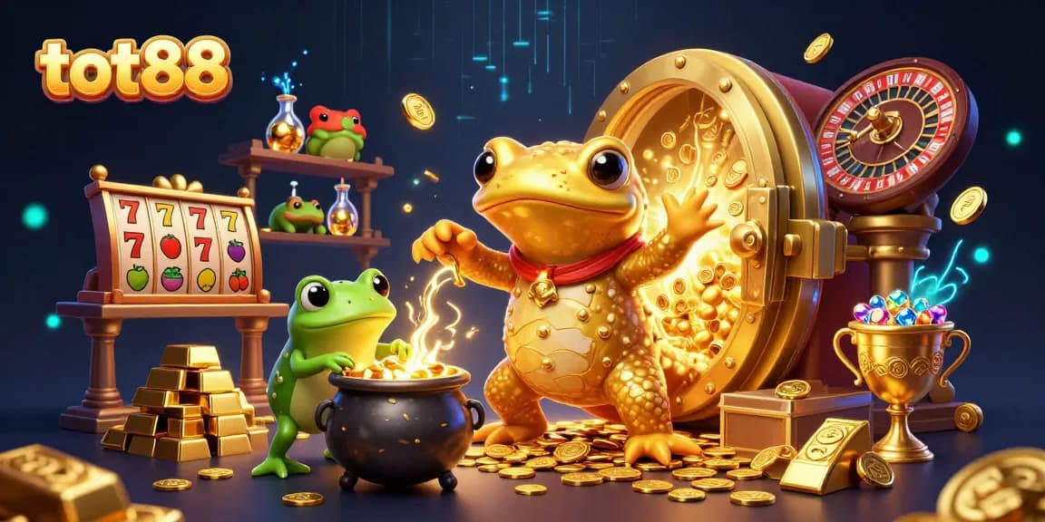 Experience the magic of tot88 with a giant golden salamander alchemist creating gold in a bustling casino scene.