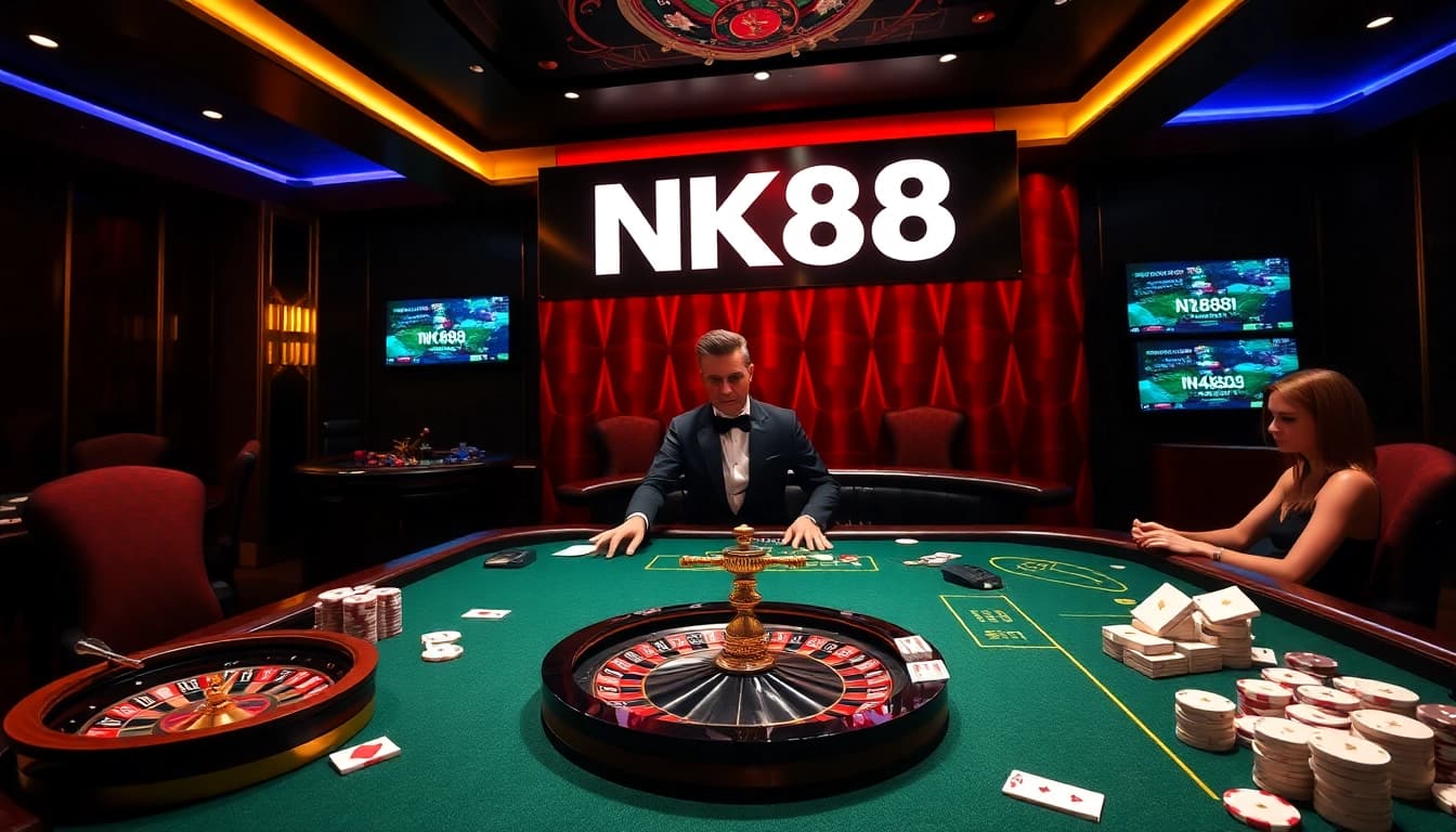Engaged players enjoying a professional gaming experience at NK88 casino with poker chips and cards.